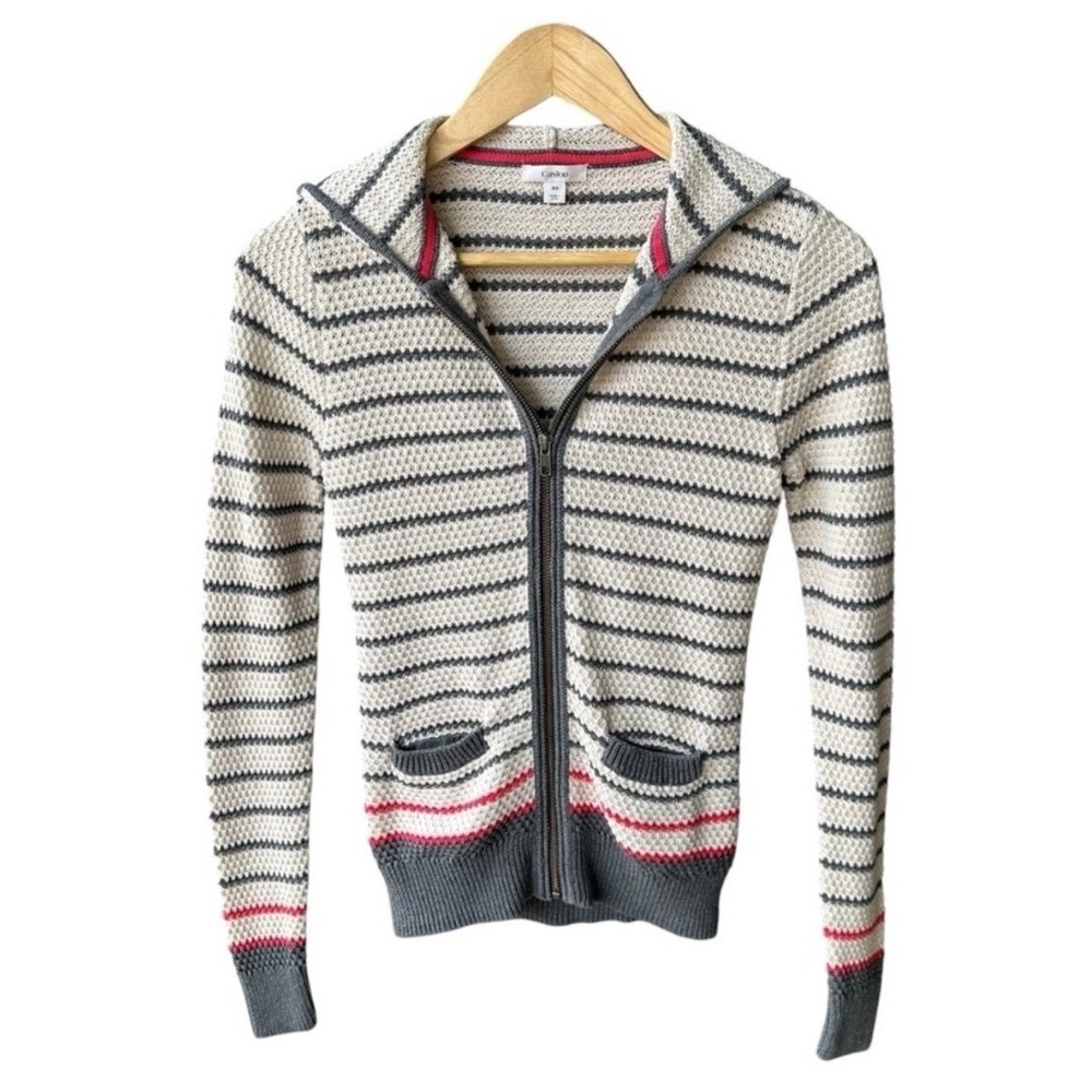 Caslon Sweater Cardigan Striped Full Zip Hooded Cotton Grey Red Cream Size XS